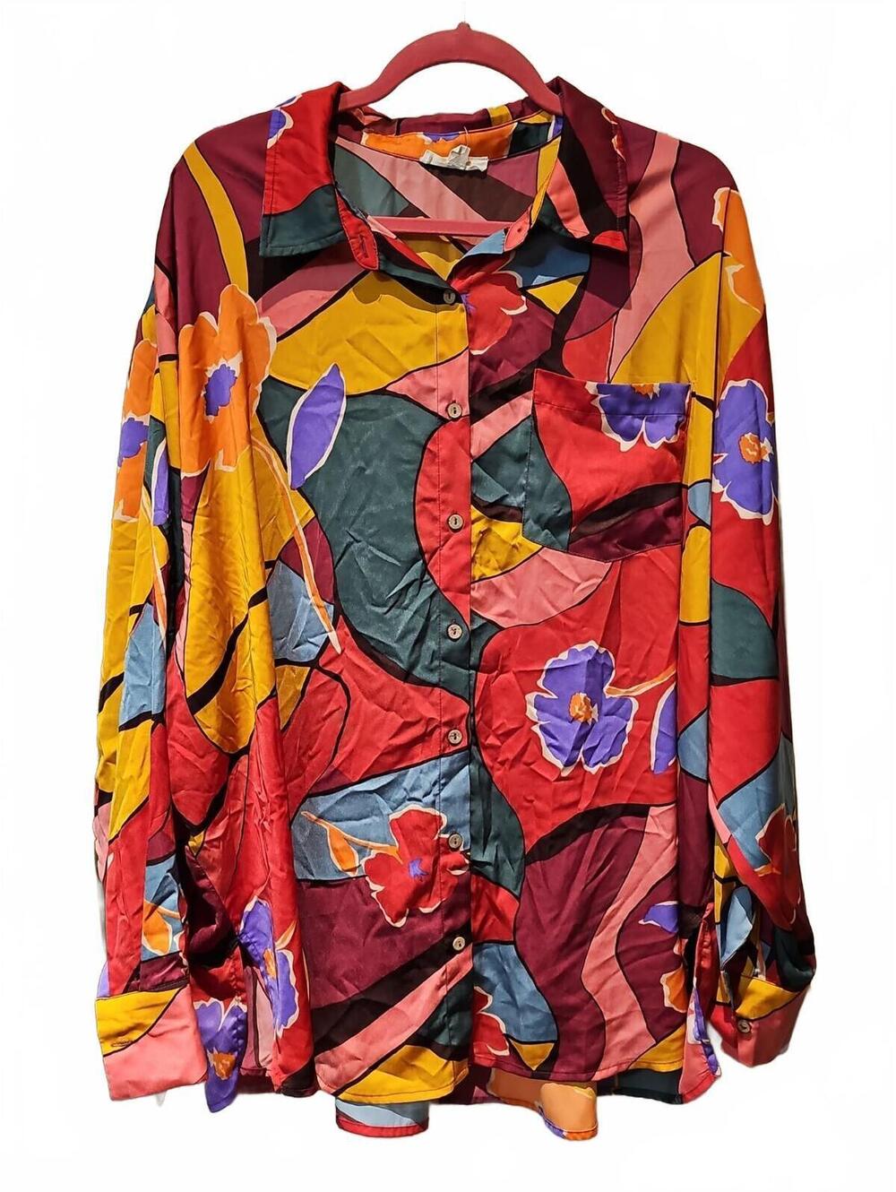 Easel Abstract Floral Button Down Tunic Blouse Size 1X Multicolor